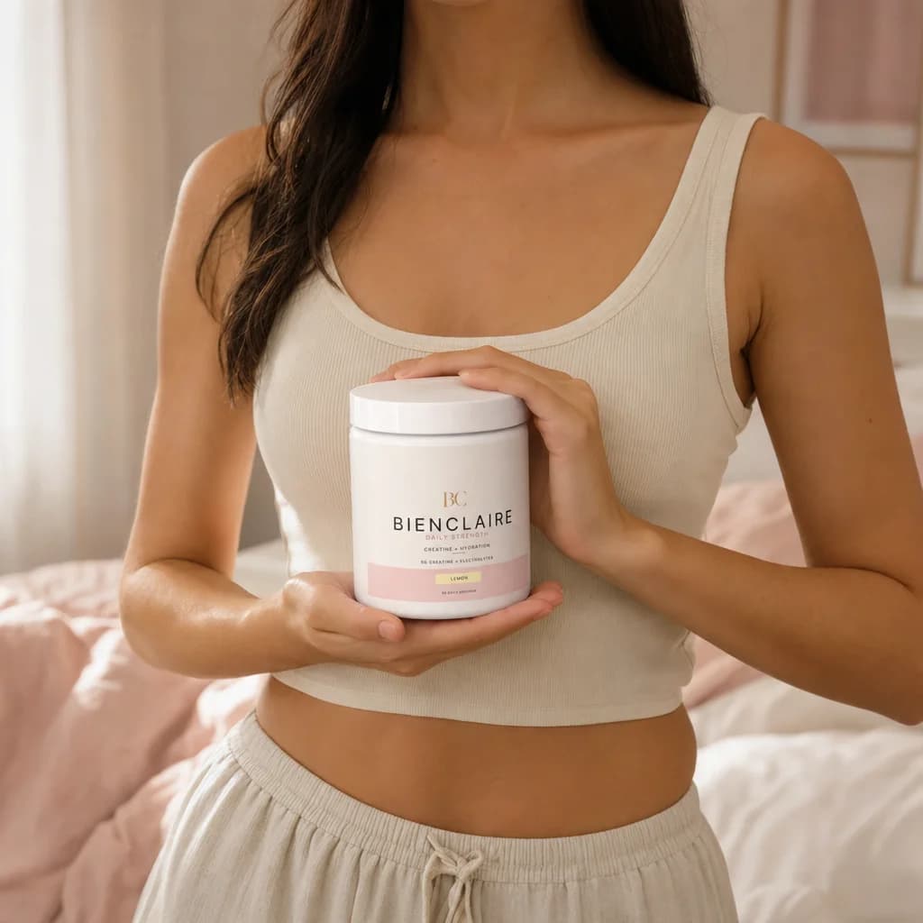Woman holding the Bienclaire Daily Strength jar