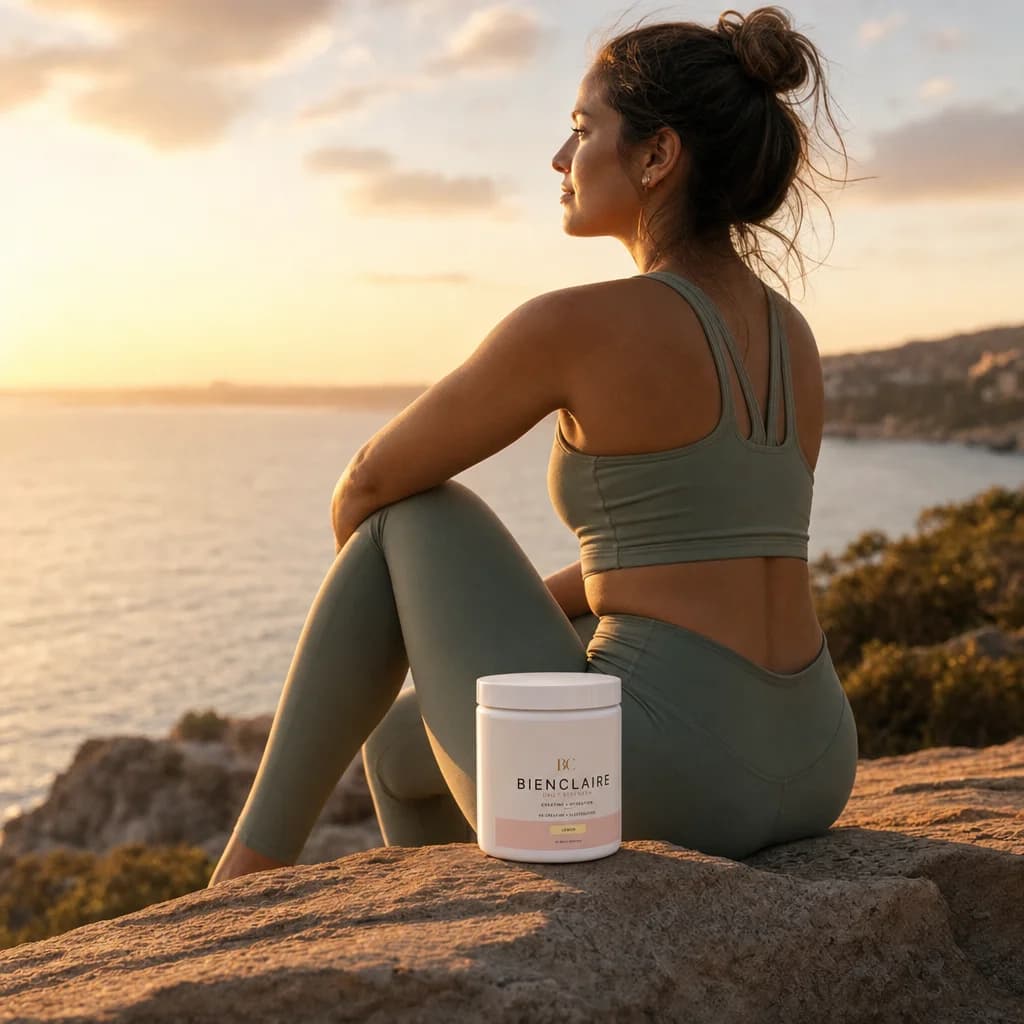 Bienclaire jar resting on coastal rocks at sunset beside a woman in activewear